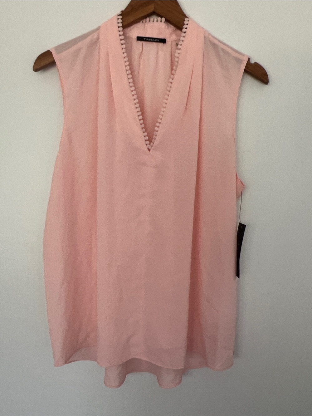 Tahari Coral Pink Sleeveless V-Neck Pom-Pom Trim Top